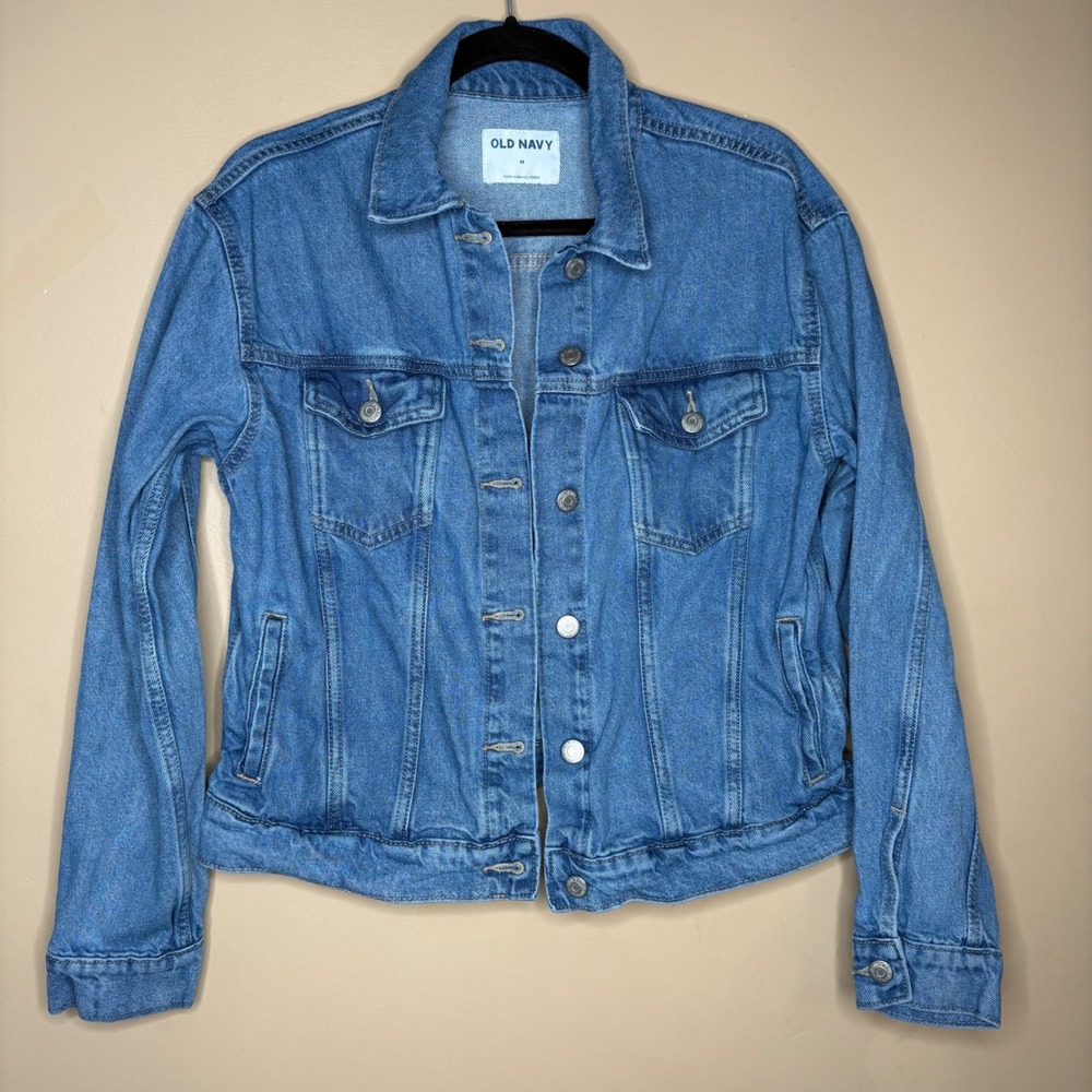 Old Navy Women's Blue Jean Jacket Waist Length Buttons Pockets Size Medium - Picture 2 of 7